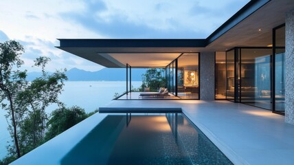 Poster - Modern House with Infinity Pool Overlooking a Lake and Mountains