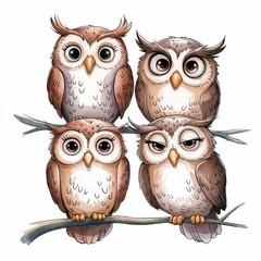 Wall Mural - Charming Watercolor Illustration of Four Owls