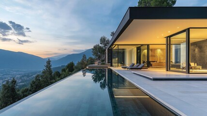 Poster - Modern House with Infinity Pool Overlooking Mountain Valley at Sunset