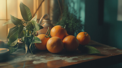 Oranges on a wood table. Tangerines, close-up shot, illuminated by a window with natural light, arranged on a rustic surface,  cozy and warm ambiance. Fresh picked fruit, cinematic