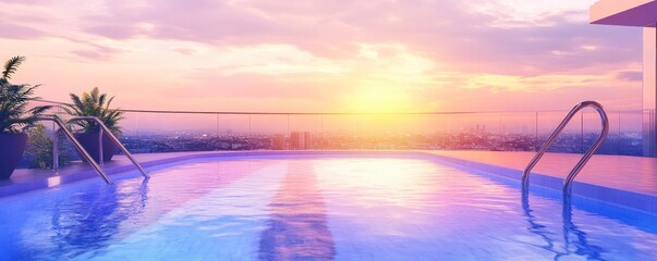 A serene rooftop pool at sunset, showcasing vibrant colors and a panoramic city view.