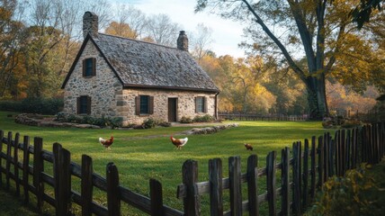 Wall Mural - Stone Cottage with Chickens in a Rural Setting