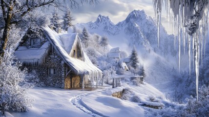 Poster - A Snowy Cabin Nestled in the Mountains with Icicles Hanging from the Roof