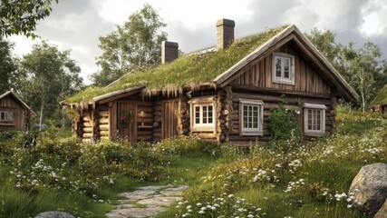 Wall Mural - A Rustic Log Cabin with a Grassy Roof and a Stone Path