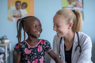 Happy elementary school girl being examined by a female doctor in a clinic. Pediatrician in a clinic checking the lung health of a child. doctor examination room, healthy wellbeing, friendly.