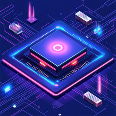 Isometric AI chip hologram in the center of circuit board. Technology blue background. Electronics and Computer concept. Artificial Intelligence neon light icon on circuit board. Vector illustration.