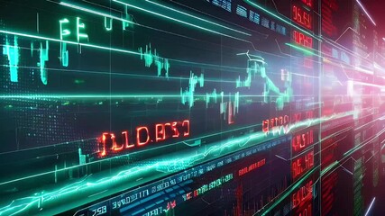 Futuristic abstract stock market data with green and red digital lines on a dark background.