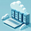 © Zahra - Data management concept based isometric design, 3d illustration of web servers with cloud server connected to laptop on shiny blue background.