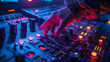 © Nam Sara - close up view of hand adjusting control panel of music mixer, surrounded by vibrant lights and buttons. atmosphere is energetic and dynamic, perfect for live performance