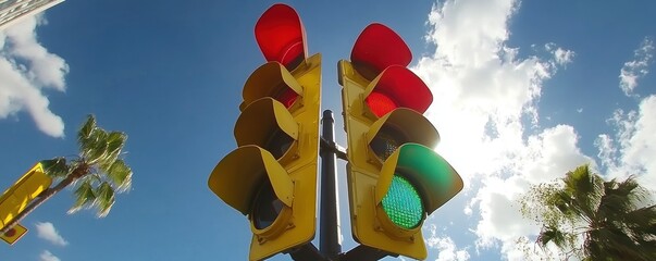 A traffic light displaying red and green signals against a blue sky with clouds.