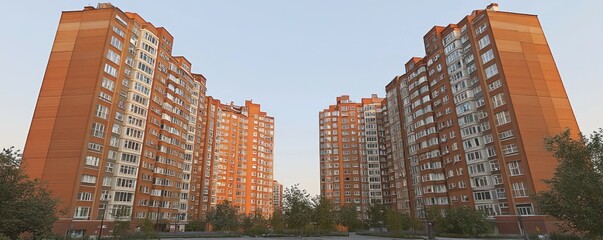 A view of two modern residential buildings with greenery in the foreground.