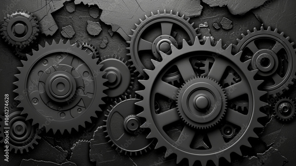 An arrangement of various black gears and cogs is displayed against a ...