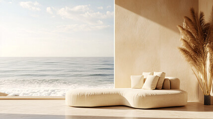 minimalist beach house living room with beige sofa and ocean view