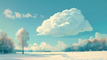 A fluffy cloud floating over a quiet snowy landscape.