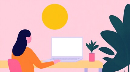 remote work lifestyle, feminine silhouette at computer, thin laptop model, empty screen for mockup, 