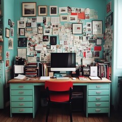 A turquoise and teal home office with a desk, a red chair, and a wall covered in pictures, postcards, and other ephemera.