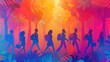 © Anastasiia - Colorful Jungle Commute: Silhouettes of People Walking with Nature Background
