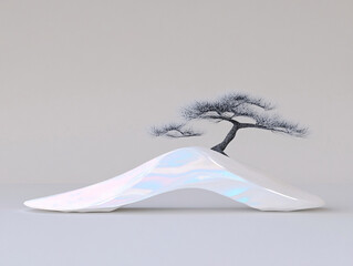 a minimalist sculpture of a tree and its shadow, crafted from a single piece of white marble.