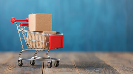 Shopping cart with cardboard boxes on wooden surface, ideal for e commerce