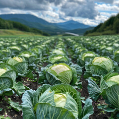 lush field of green cabbages stretches across landscape, showcasing vibrant rows under dramatic sky. mountains in background add to serene beauty of this agricultural scene