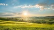 © tanongsak - Bright sunburst over a serene countryside scene with soft, rolling hills and ample space in the sky for personalized content