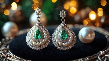 Elegant Pearl and Emerald Drop Earrings Set