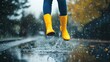 © Sinechana - 27.A woman in vibrant yellow boots leaping into a rain-filled puddle, the splash frozen in time, evoking a playful, carefree energy against a rainy backdrop.