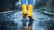 © Sinechana - 28.A dynamic image of a woman in yellow boots making a big splash in a puddle on a rainy day, with droplets scattering around, representing fun and spontaneity in wet weather.
