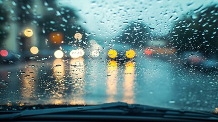 70.A view from inside a car as the wipers swipe away rain from the windshield, creating a clear spot while raindrops accumulate on the rest of the glass.