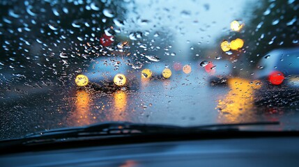 70.A view from inside a car as the wipers swipe away rain from the windshield, creating a clear spot while raindrops accumulate on the rest of the glass.