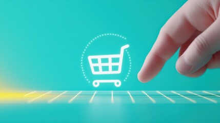 A finger pointing at a digital shopping cart icon on a vibrant blue background.