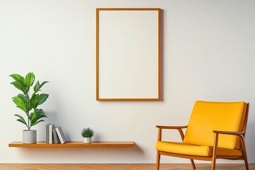 A stylish interior showcases a yellow chair, a plant on a floating shelf, and an empty wooden frame on a beige wall, symbolizing modern simplicity and comfort.