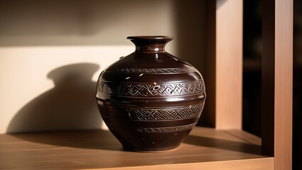 Wall Mural - A brown ceramic vase with intricate carvings sits on a wooden shelf.