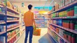 © sirisakboakaew - Handsome shopper with a basket, looking at shelves in a vibrant supermarket, capturing the essence of everyday life and shopping