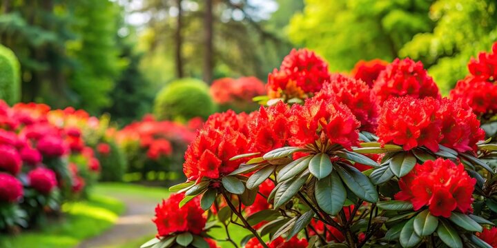 bright red rhododendron bush in foreground against green garden backdrop
