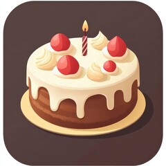 This simple and vibrant birthday cake icon features luscious frosting, berries, and a candle, perfect for birthday apps or celebratory themes.