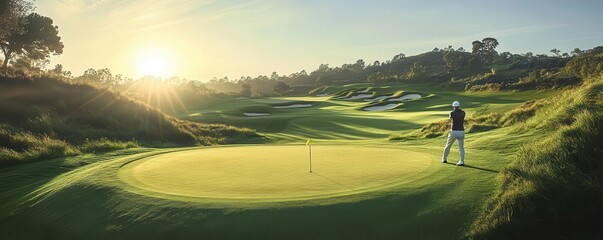 Wall Mural - A serene golf course at sunrise, showcasing a player poised at the green, surrounded by rolling hills and lush grass.