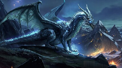 painting style animation of blue ice dragon on clifftop at nighttime
