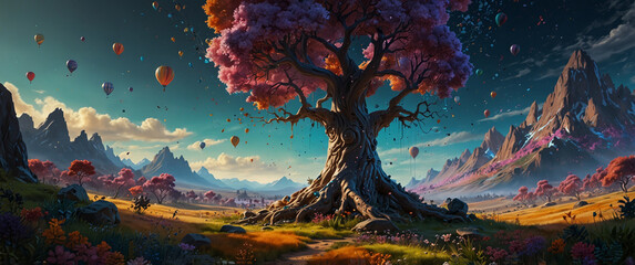 Wall Mural - At the center of this abstract landscape,  Big and mysterious tree.