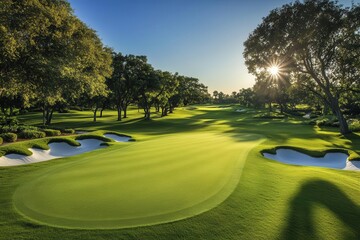 Wall Mural - A lush golf course bathed in sunlight, featuring manicured greens, strategically placed bunkers, and surrounding trees, perfect for a tranquil game.