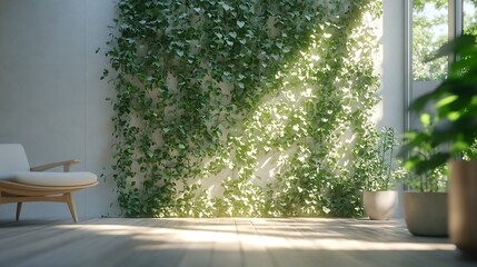 Indoor living wall divider covered in climbing ivy and lush plants, stylish and modern, dividing open space with soft, natural ambiance, high-definition, realistic look. --ar 16:9