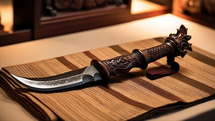 A finely crafted, ornate dagger with a curved blade and intricate carvings on the handle, resting on a wooden surface.