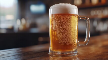 Cold beer A close-up view of steamed mug with foam overflowing in a bar on wooden table a desk 