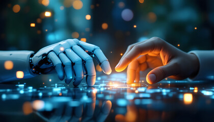 Robotic hands interact with a glowing, futuristic digital interface displaying holographic data points, icons, and network connections in a high-tech setting.