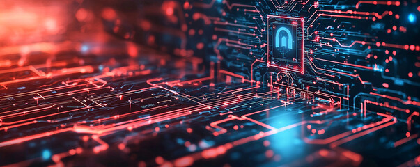 Wall Mural - futuristic digital interface showcasing cyber defense system with glowing circuits and central lock 