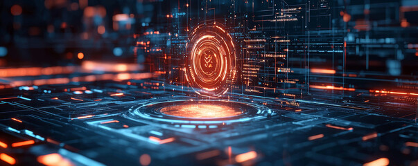 Wall Mural - futuristic holographic interface with glowing circuits and data streams, showcasing advanced technol