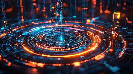 Wall Mural - futuristic digital technology with glowing circular patterns and data streams. this vibrant image sh