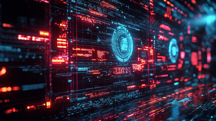 Wall Mural - digital interface with glowing holographic elements and data streams, showcasing advanced technology