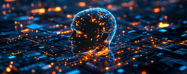 Poster - digital representation of human head with glowing circuits, symbolizing ai and technology. vibrant l