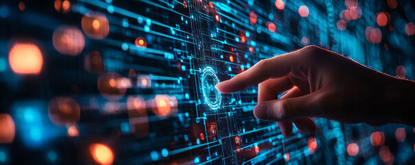 Wall Mural - futuristic digital interface with hand interacting with glowing data patterns, showcasing technology